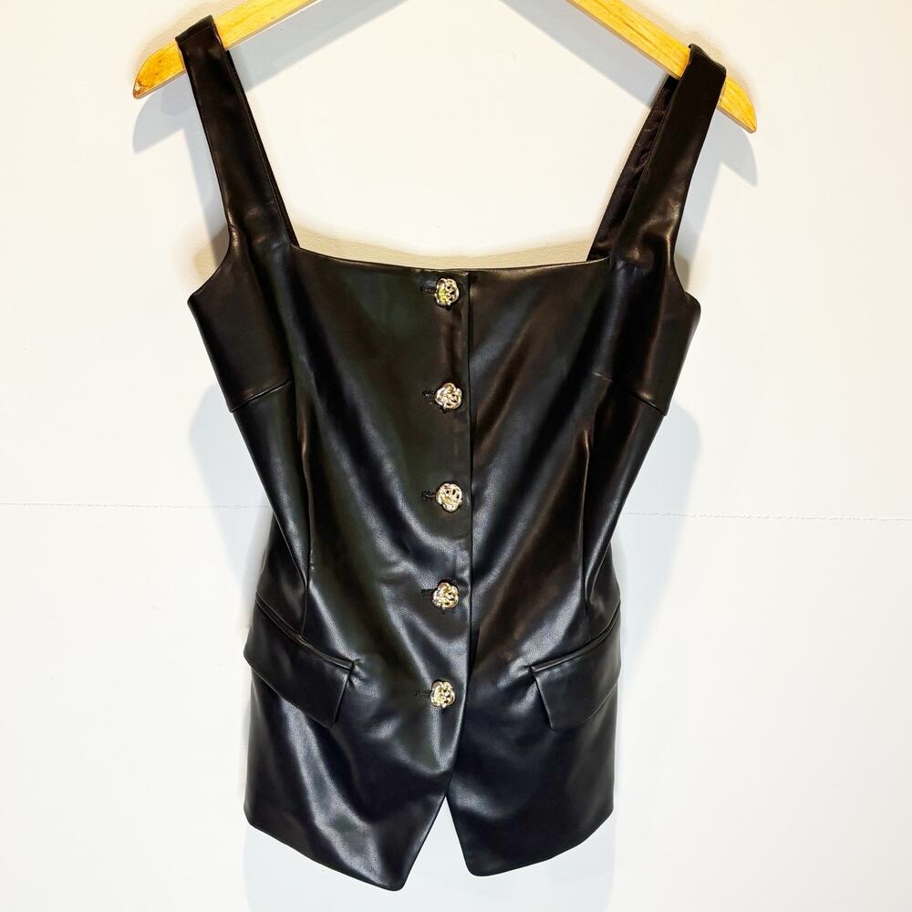 Pixie Market Black Faux Leather Sleeveless Button Front Top - size XS